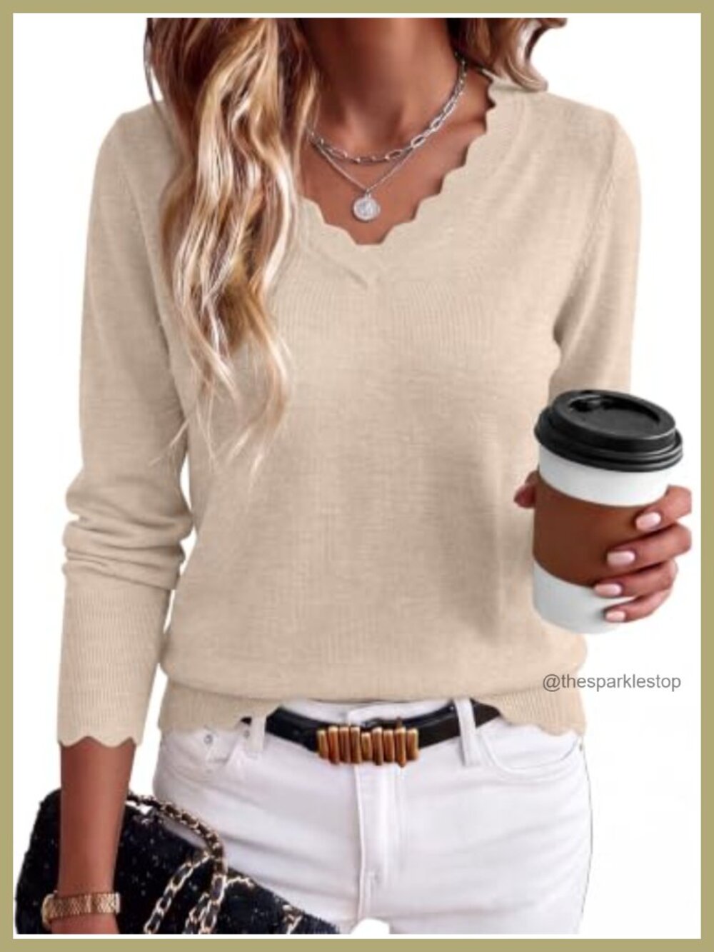Womens Lightweight V Neck Scalloped Trim Pullover Sweater Loose Fit Fall